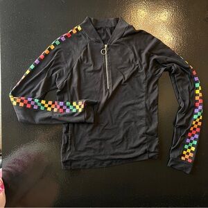 Black Long Sleeve Quarter Zip Pullover with Rainbow Checker Stripe